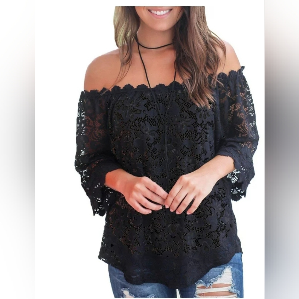 Women's Off Shoulder Lace Top Blouse‎ 3/4 Sleeve Elegant Shirt Top Small